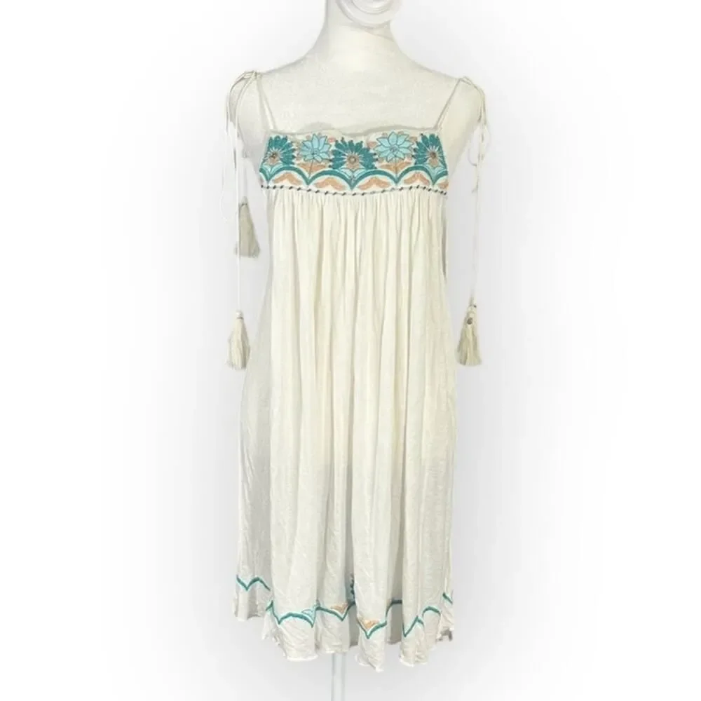 Free People Heat Wave Mini Dress Women's Small Ivory Tunic Babydoll Embroidered